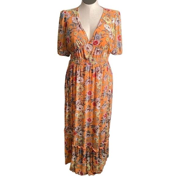 Festivalwear Dress Juniors Neon Retro Floral Maxi Dress L Prairiecore Micro Mesh - Picture 1 of 9